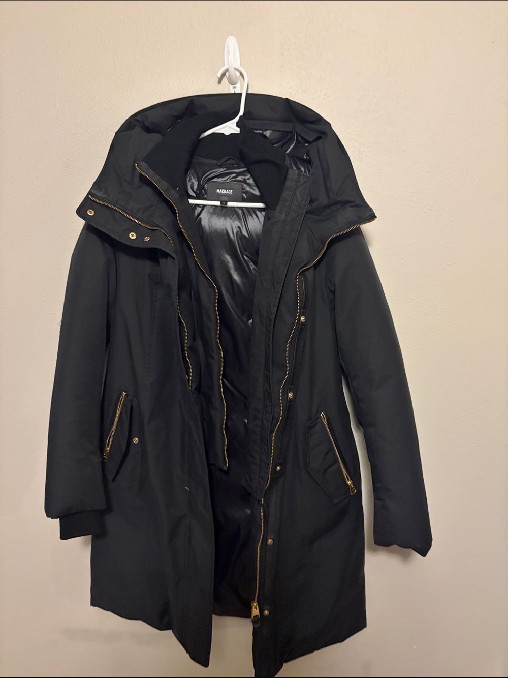 Mackage Black Long Hooded Puffer Coat with Gold Hardware